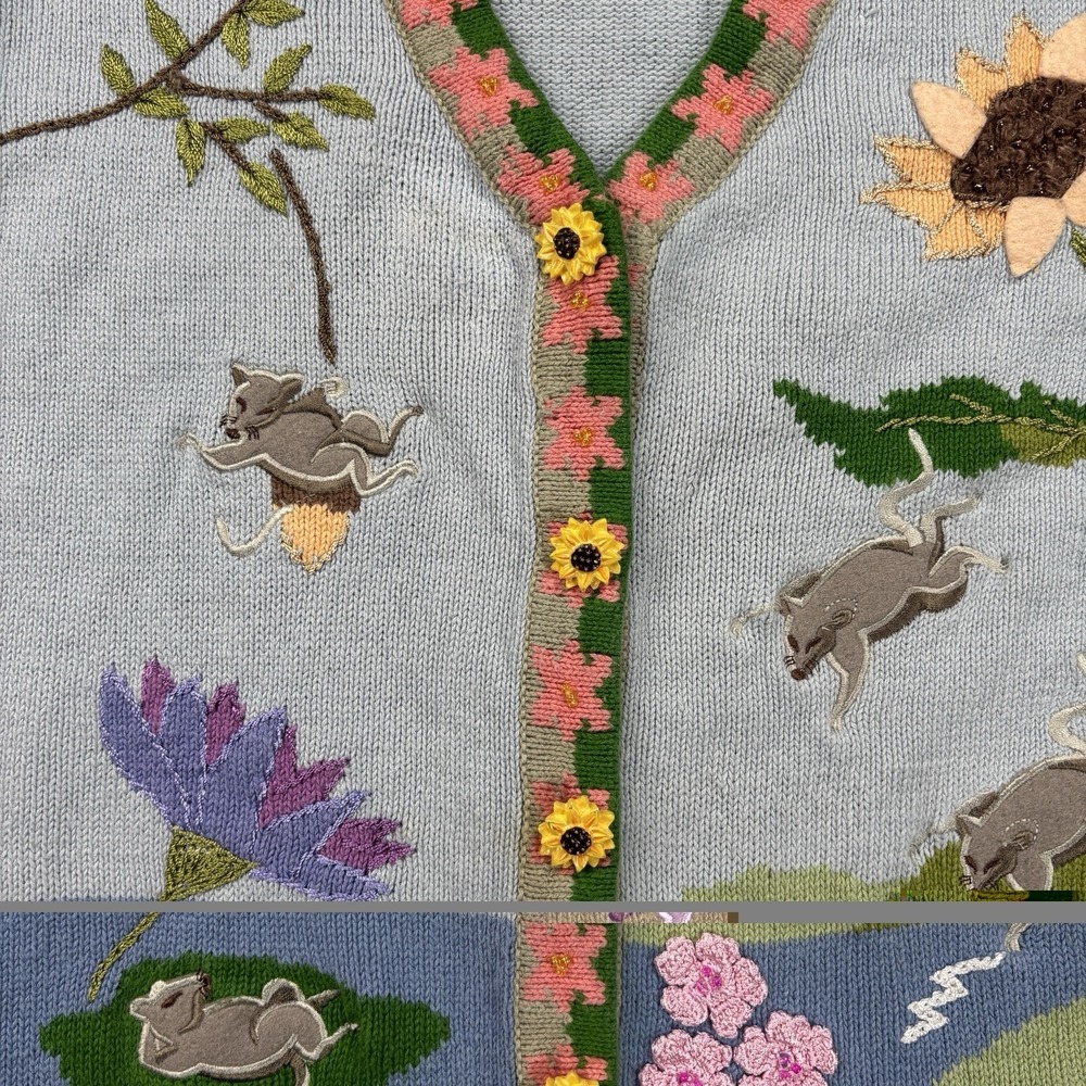 Vintage Storybook Knits Cardigan Sweater Size Medium Floral Rat Mouse Nature - Picture 6 of 11